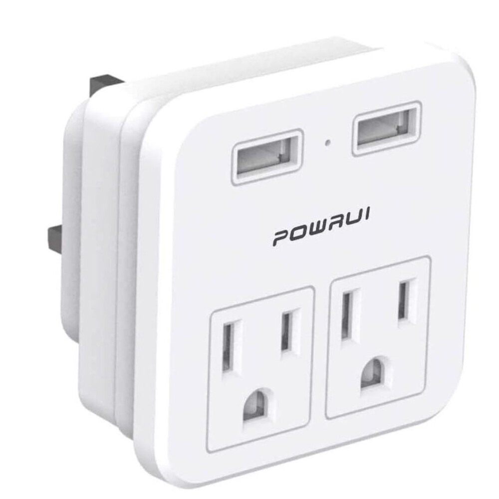International Power Adapter w/2 AC Outlets Dual USB Ports Type G UK Hong Kong